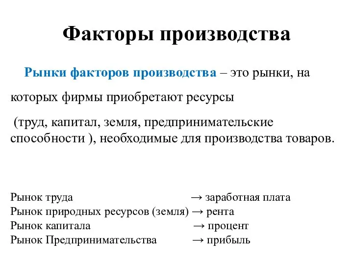 Рынки факторов производства – это рынки, на которых фирмы приобретают ресурсы