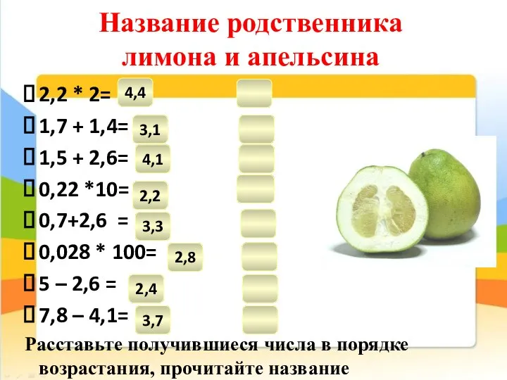 Название родственника лимона и апельсина 2,2 * 2= Т 1,7 +