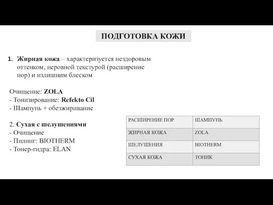 ПОДГОТОВКА КОЖИ Жирная кожа – характеризуется нездоровым оттенком, неровной текстурой (расширение