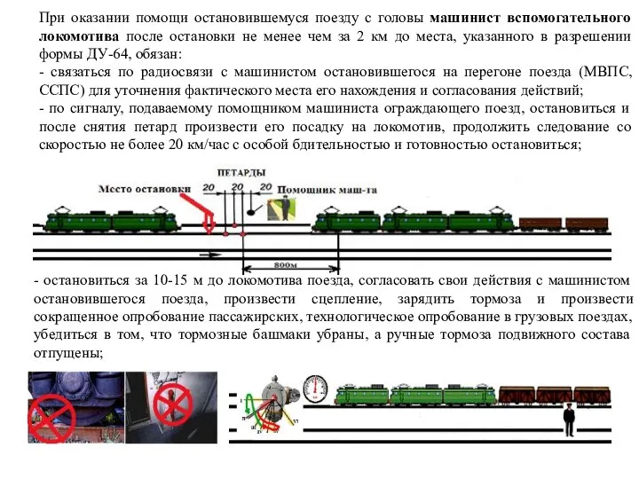 При оказании помощи остановившемуся поезду с головы машинист вспомогательного локомотива после