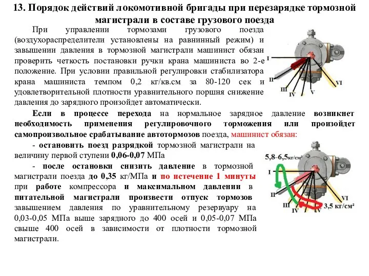 13. Порядок действий локомотивной бригады при перезарядке тормозной магистрали в составе