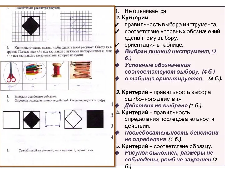 Не оценивается. 2. Критерии – правильность выбора инструмента, соответствие условных обозначений
