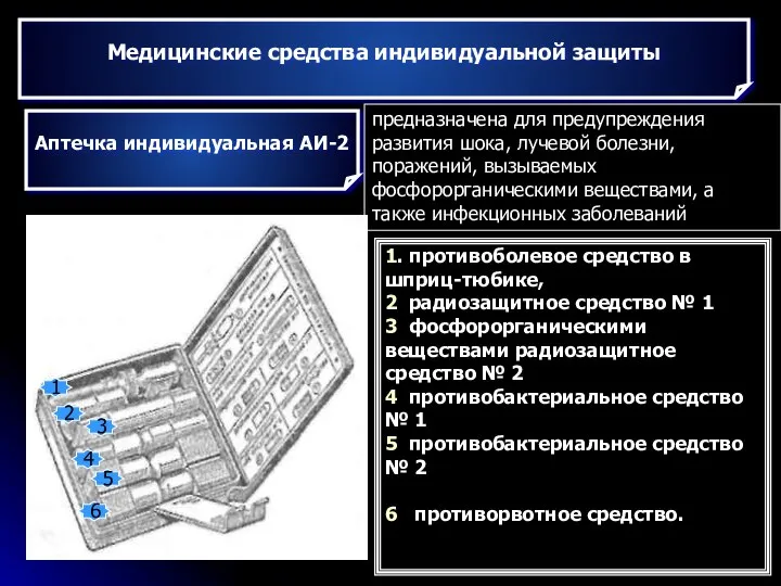 Медицинские средства индивидуальной защиты Аптечка индивидуальная АИ-2 предназначена для предупреждения развития