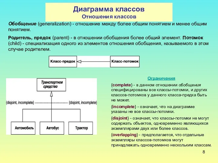 Диаграмма классов Отношения классов Обобщение (generalization) - отношение между более общим