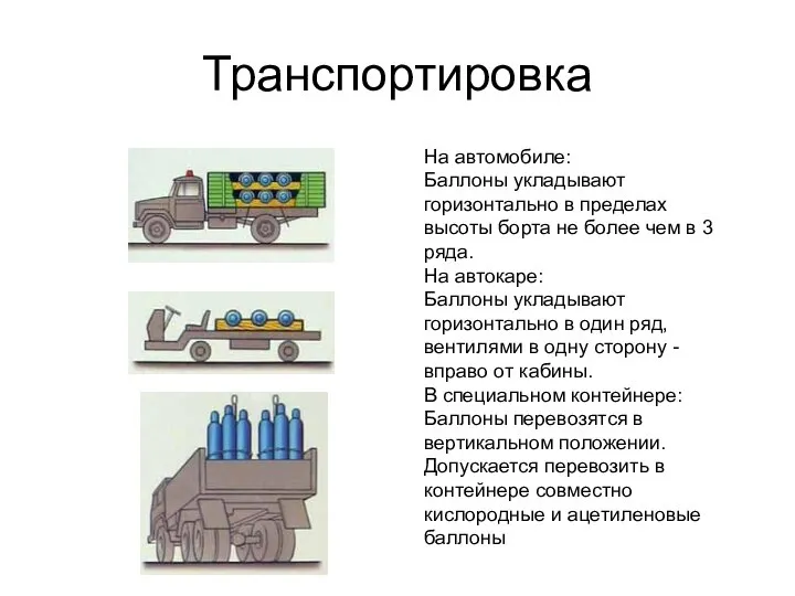 Транспортировка На автомобиле: Баллоны укладывают горизонтально в пределах высоты борта не