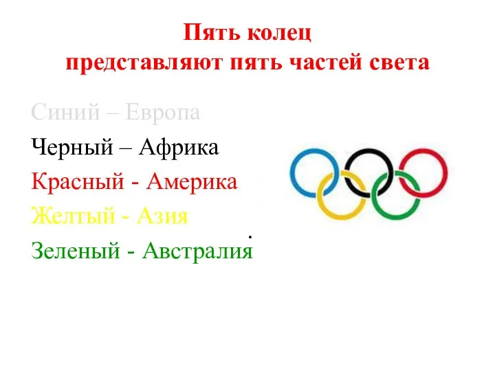 Пять колец представляют пять частей света Синий – Европа Черный –