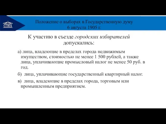 РЕМОНТ К участию в съезде городских избирателей допускались: а) лица, владеющие