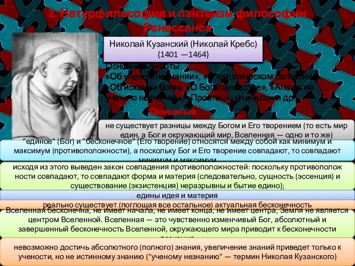 Основные работы: «Об ученом незнании», «О католическом согласии», «Об искании бога»,