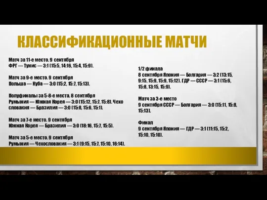 КЛАССИФИКАЦИОННЫЕ МАТЧИ 1/2 финала 8 сен­тяб­ря Япо­ния — Бол­га­рия — 3:2