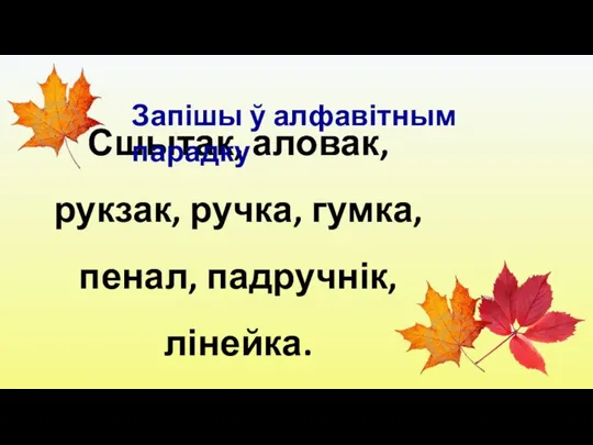 Сшытак, аловак, рукзак, ручка, гумка, пенал, падручнік, лінейка. Запішы ў алфавітным парадку