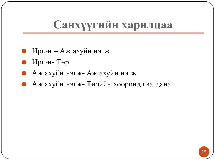 Санхүүгийн харилцаа Иргэн – Аж ахуйн нэгж Иргэн- Төр Аж ахуйн