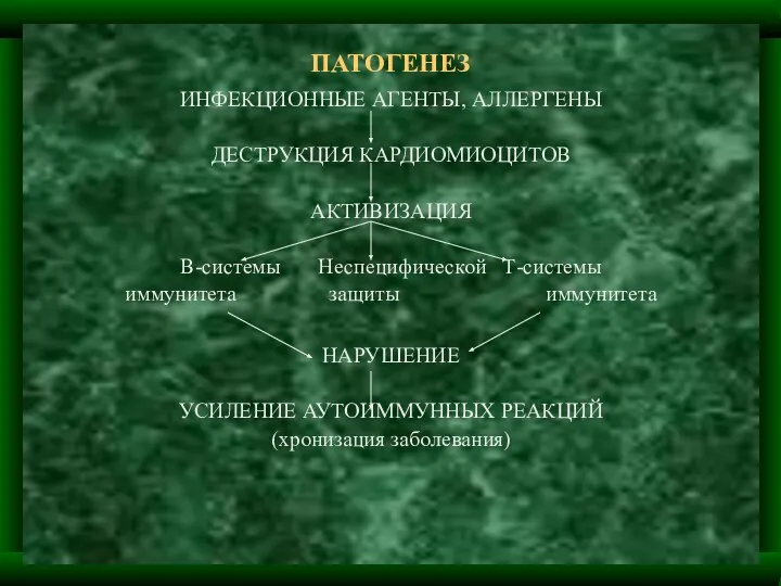 ПАТОГЕНЕЗ ИНФЕКЦИОННЫЕ АГЕНТЫ, АЛЛЕРГЕНЫ ДЕСТРУКЦИЯ КАРДИОМИОЦИТОВ АКТИВИЗАЦИЯ В-системы Неспецифической Т-системы иммунитета