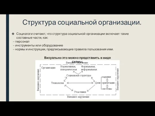 Структура социальной организации. Социологи считают, что структура социальной организации включает такие