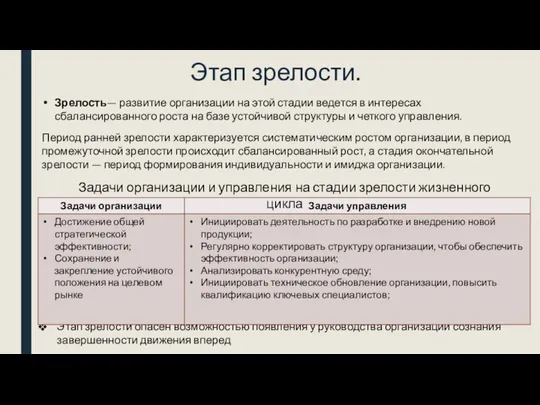 Этап зрелости. Период ранней зрелости характери­зуется систематическим ростом организации, в период