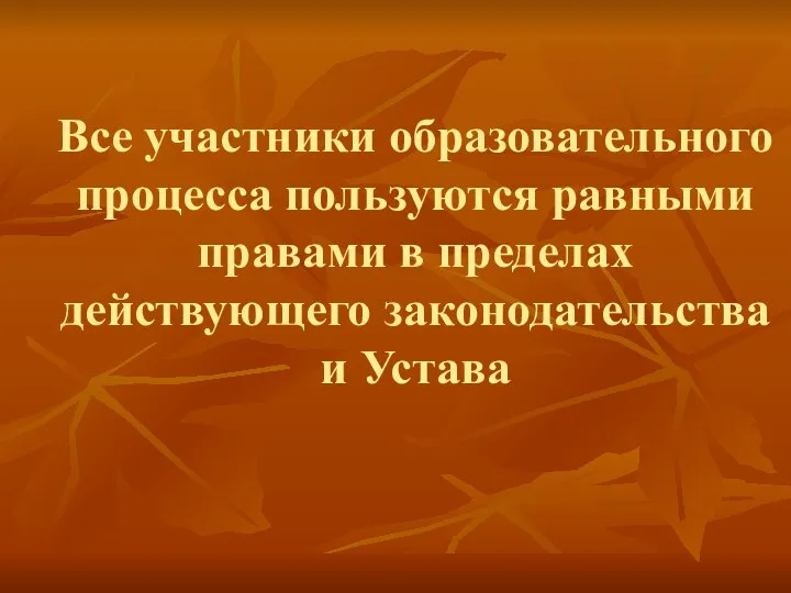 Все участники образовательного процесса пользуются равными правами в пределах действующего законодательства и Устава