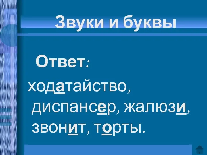 Звуки и буквы Ответ: ходатайство, диспансер, жалюзи, звонит, торты.