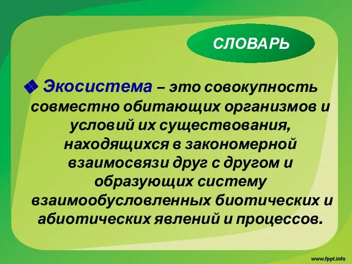 Экосистема – это совокупность совместно обитающих организмов и условий их существования,