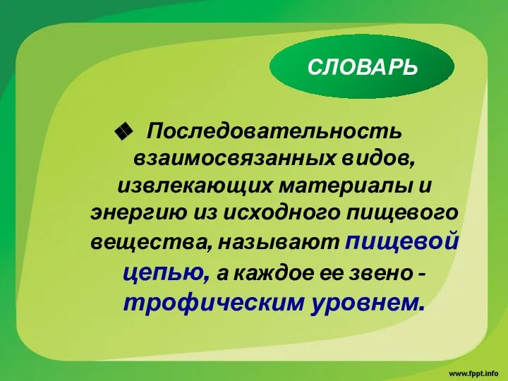 Последовательность взаимосвязанных видов, извлекающих материалы и энергию из исходного пищевого вещества,