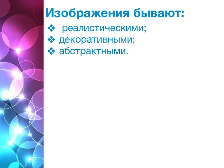 Изображения бывают: реалистическими; декоративными; абстрактными.