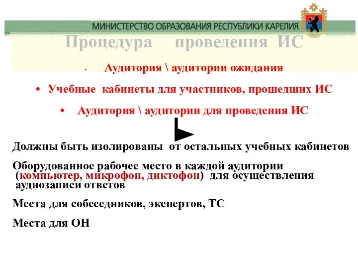 Процедура проведения ИС Аудитория \ аудитории ожидания Учебные кабинеты для участников,