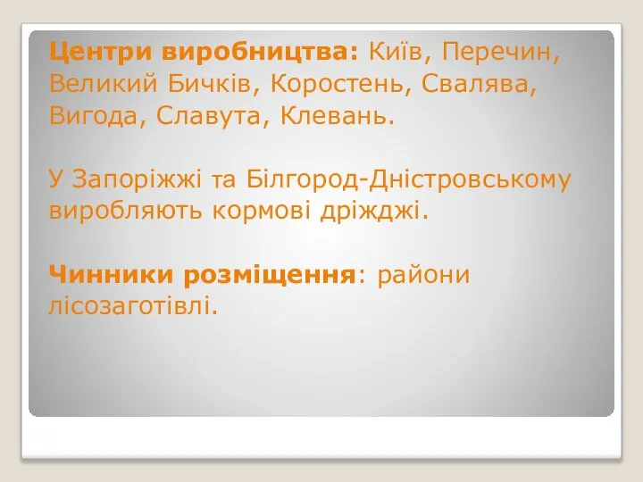 Центри виробництва: Київ, Перечин, Великий Бичків, Коростень, Свалява, Вигода, Славута, Клевань.