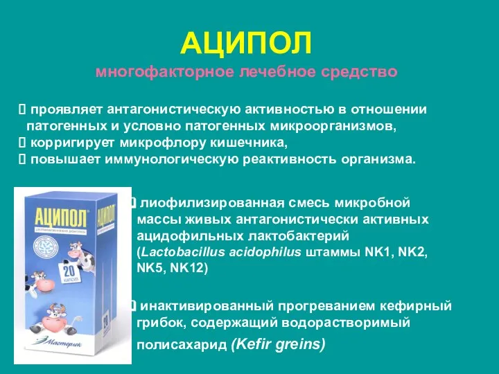 АЦИПОЛ многофакторное лечебное средство проявляет антагонистическую активностью в отношении патогенных и