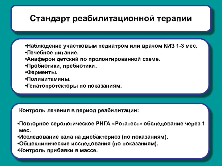 Стандарт реабилитационной терапии Наблюдение участковым педиатром или врачом КИЗ 1-3 мес.