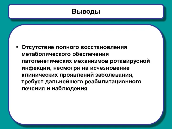 Выводы Отсутствие полного восстановления метаболического обеспечения патогенетических механизмов ротавирусной инфекции, несмотря