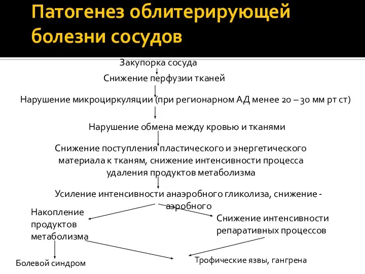 Патогенез облитерирующей болезни сосудов Закупорка сосуда Снижение перфузии тканей Нарушение микроциркуляции