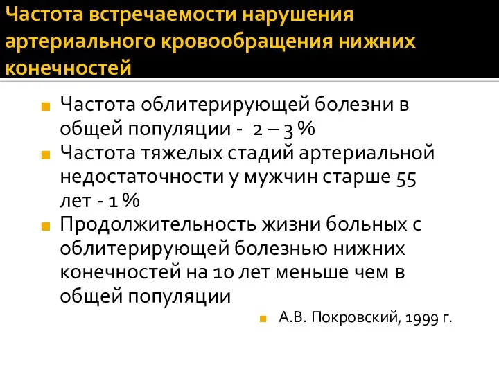 Частота встречаемости нарушения артериального кровообращения нижних конечностей Частота облитерирующей болезни в