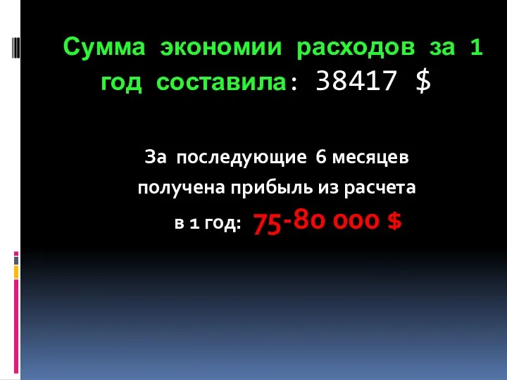 Сумма экономии расходов за 1 год составила: 38417 $ За последующие