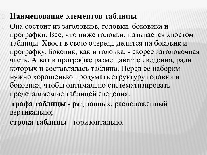 Наименование элементов таблицы Она состоит из заголовков, головки, боковика и прографки.