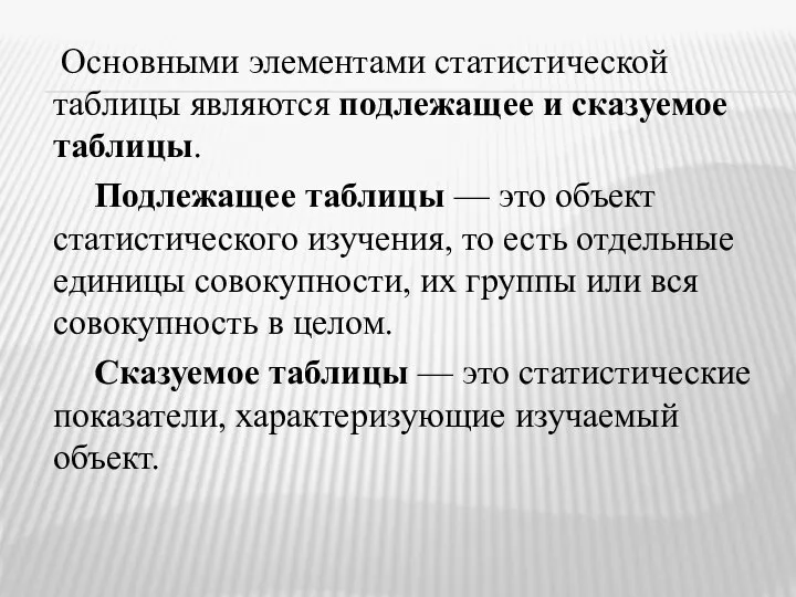 Основными элементами статистической таблицы являются подлежащее и сказуемое таблицы. Подлежащее таблицы