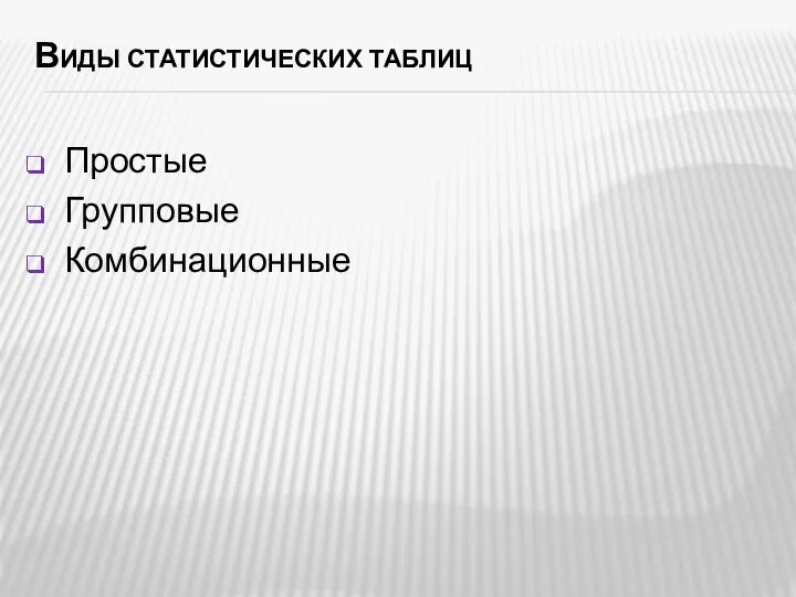 Виды статистических таблиц Простые Групповые Комбинационные