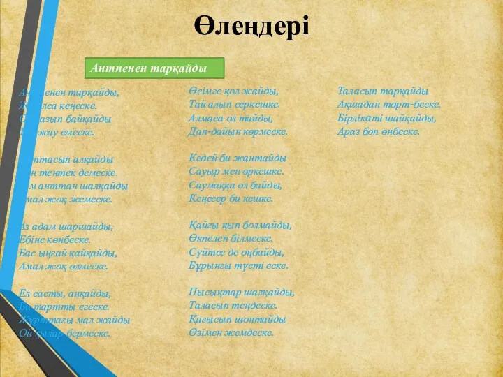 Өлеңдері Антпенен тарқайды Антпенен тарқайды, Жиылса кеңеске. Ор қазып байқайды Туа