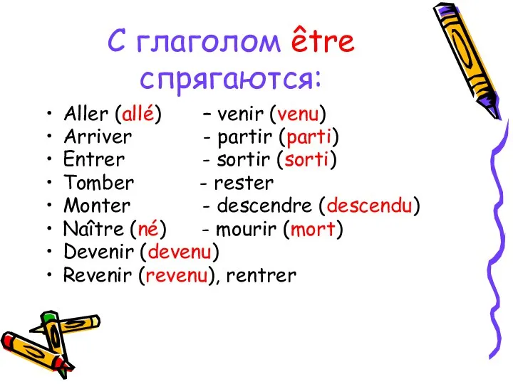 С глаголом être спрягаются: Aller (allé) – venir (venu) Arriver -