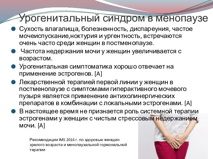 Урогенитальный синдром в менопаузе Сухость влагалища, болезненность, диспареуния, частое мочеиспускание,ноктурия и