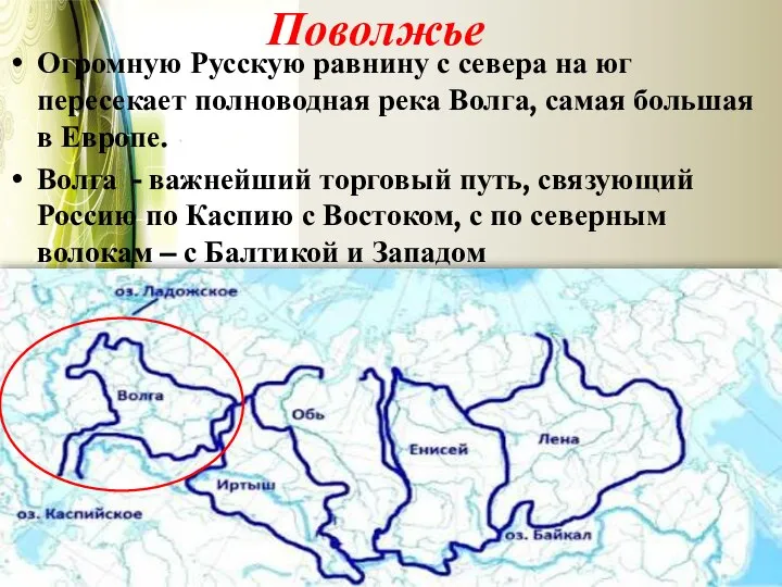 Поволжье Огромную Русскую равнину с севера на юг пересекает полноводная река