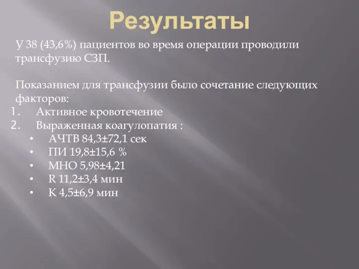 Результаты У 38 (43,6%) пациентов во время операции проводили трансфузию СЗП.