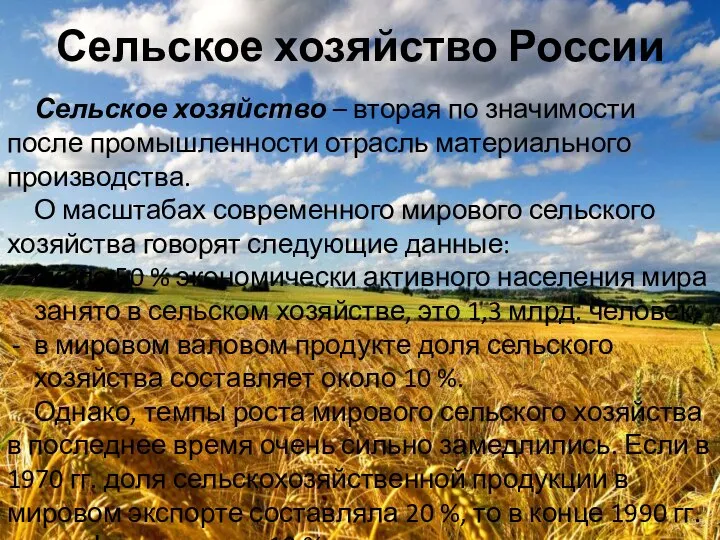 Сельское хозяйство России Сельское хозяйство – вторая по значимости после промышленности