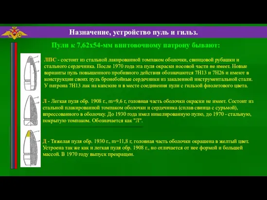 Пули к 7,62х54-мм винтовочному патрону бывают: ЛПС - состоит из стальной