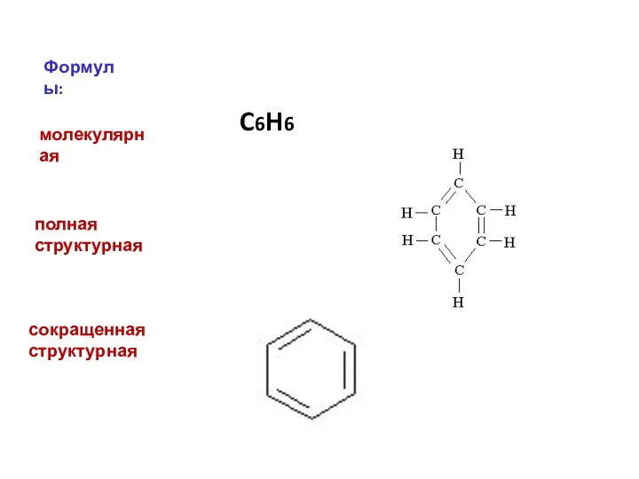 Формулы: молекулярная C6H6 полная структурная сокращенная структурная