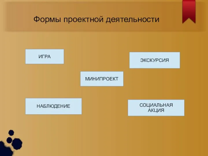 Формы проектной деятельности ИГРА МИНИПРОЕКТ ЭКСКУРСИЯ НАБЛЮДЕНИЕ СОЦИАЛЬНАЯ АКЦИЯ