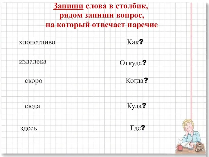 хлопотливо издалека скоро сюда здесь Как? Откуда? Когда? Куда? Где? Запиши