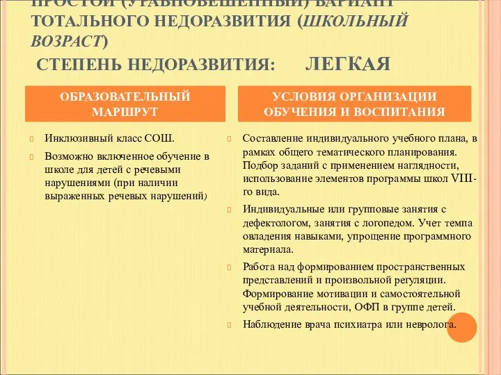 ПРОСТОЙ (УРАВНОВЕШЕННЫЙ) ВАРИАНТ ТОТАЛЬНОГО НЕДОРАЗВИТИЯ (ШКОЛЬНЫЙ ВОЗРАСТ) СТЕПЕНЬ НЕДОРАЗВИТИЯ: ЛЕГКАЯ Инклюзивный