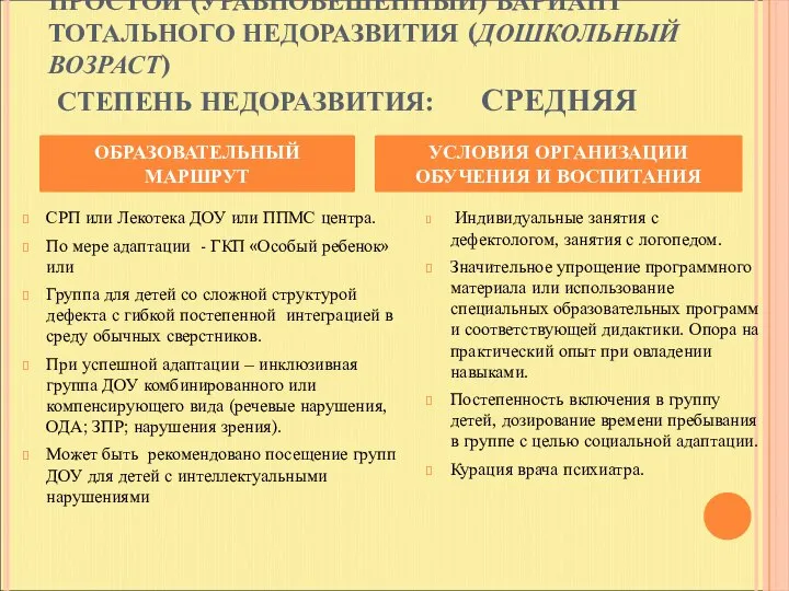 ПРОСТОЙ (УРАВНОВЕШЕННЫЙ) ВАРИАНТ ТОТАЛЬНОГО НЕДОРАЗВИТИЯ (ДОШКОЛЬНЫЙ ВОЗРАСТ) СТЕПЕНЬ НЕДОРАЗВИТИЯ: СРЕДНЯЯ СРП