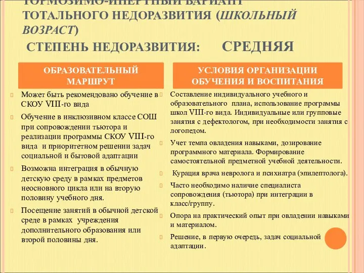 ТОРМОЗИМО-ИНЕРТНЫЙ ВАРИАНТ ТОТАЛЬНОГО НЕДОРАЗВИТИЯ (ШКОЛЬНЫЙ ВОЗРАСТ) СТЕПЕНЬ НЕДОРАЗВИТИЯ: СРЕДНЯЯ Может быть