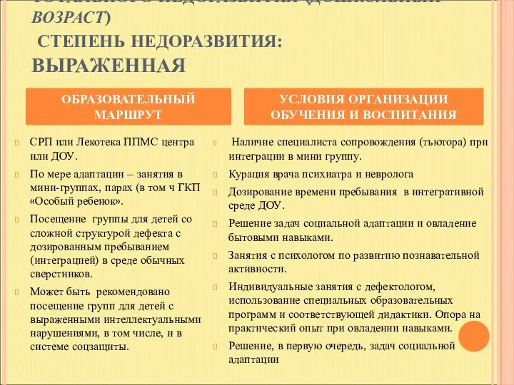 ТОРМОЗИМО-ИНЕРТНЫЙ ВАРИАНТ ТОТАЛЬНОГО НЕДОРАЗВИТИЯ (ДОШКОЛЬНЫЙ ВОЗРАСТ) СТЕПЕНЬ НЕДОРАЗВИТИЯ: ВЫРАЖЕННАЯ СРП или