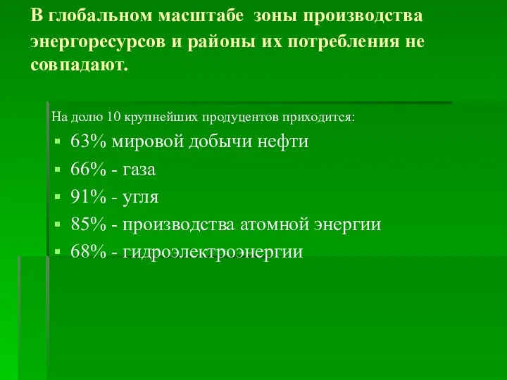 В глобальном масштабе зоны производства энергоресурсов и районы их потребления не