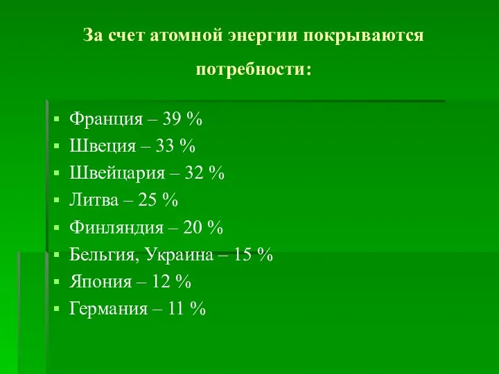 За счет атомной энергии покрываются потребности: Франция – 39 % Швеция